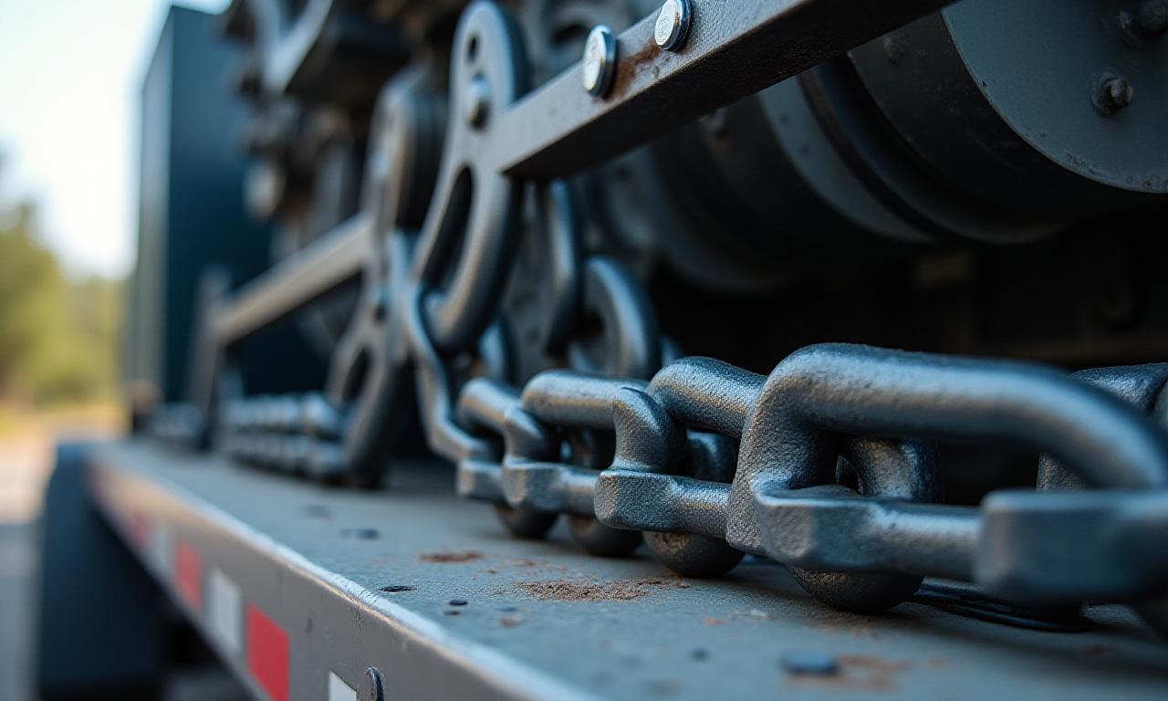 Securing heavy industrial machinery on a lowboy trailer