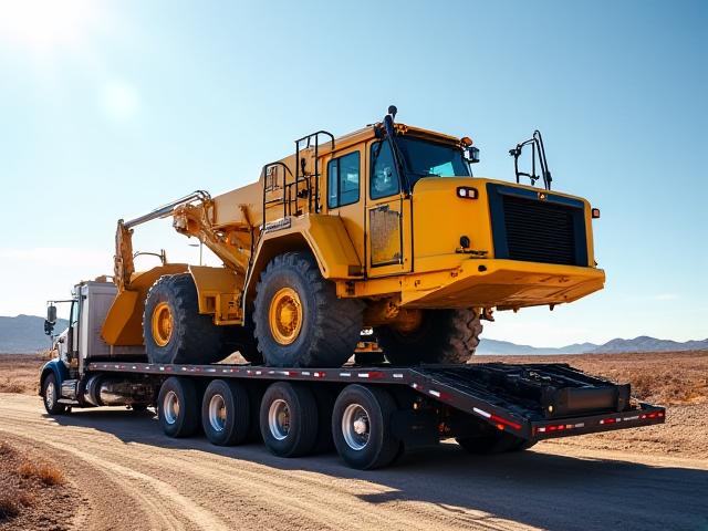 Excavator ready for transport on lowboy trailer