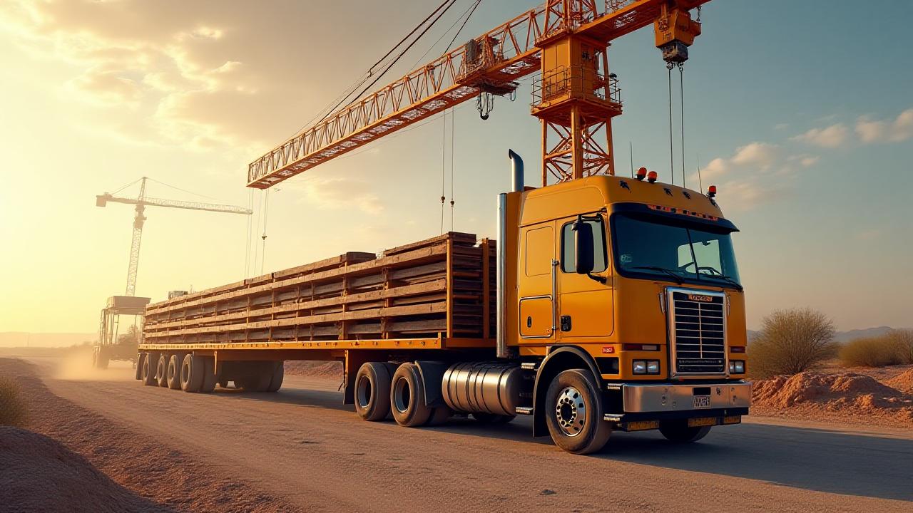 Crane loading steel beams onto a JDR heavy-duty flatbed truck