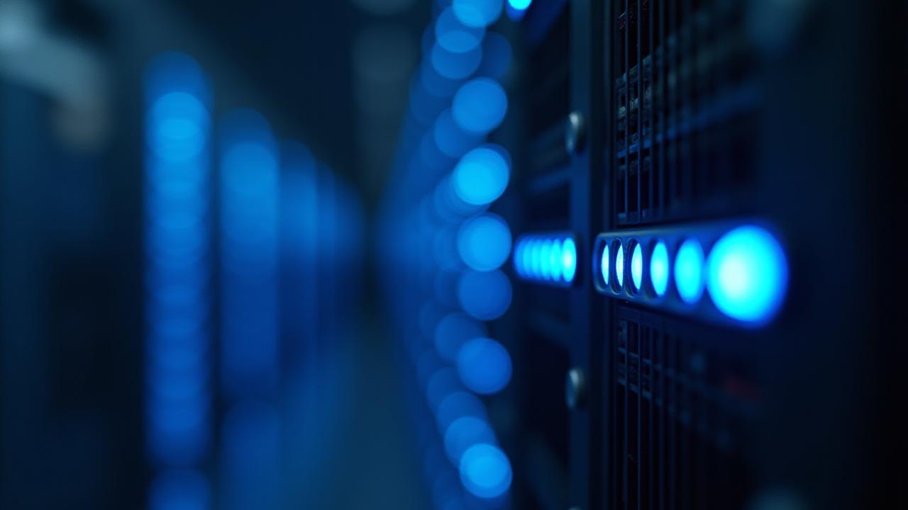 Close-up of glowing blue server rack indicators representing data center logistics