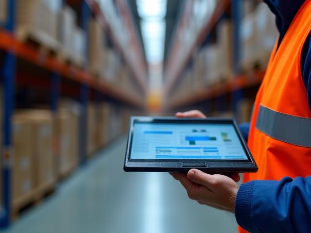 Logistics professional using a digital tablet for inventory tracking in a modern warehouse